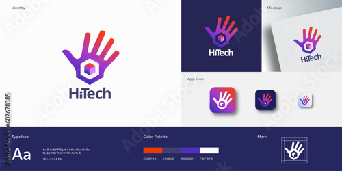 High Five Technology Abstract Vector Logo Template. Palm Hand with Cube Gradient Icon. Greeting Hi symbol concept Identity Guide with Modern Typography, mockup and app icons background layout