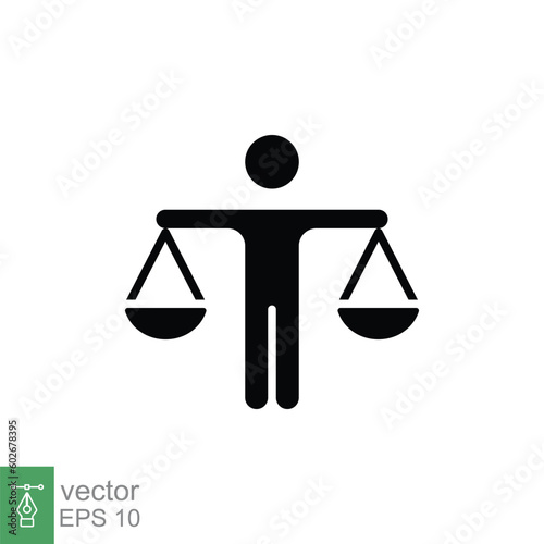 Man with scales icon. Simple solid style. Integrity, lawyer, person, legal, law, balance, equality concept. Black silhouette, glyph symbol. Vector illustration isolated on white background. EPS 10.