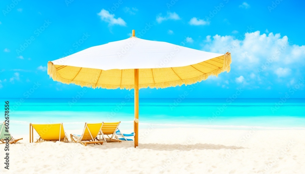 Beautiful beach banner. White sand, chairs and umbrella travel tourism wide panorama background concept. Amazing beach landscape, generative ai