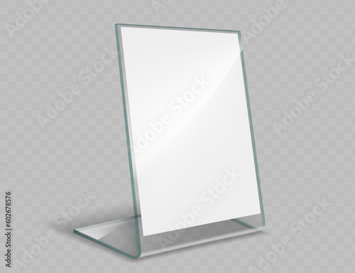 Desktop stand display holder for paper or menu. Blank template isolated on transparent background. Vector mockup