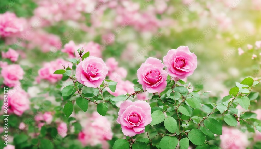Fototapeta premium Blooming rose bush. Natural floral spring background. generative ai spring floral wallpaper. Soft selective focus on rose blossoms, generative ai