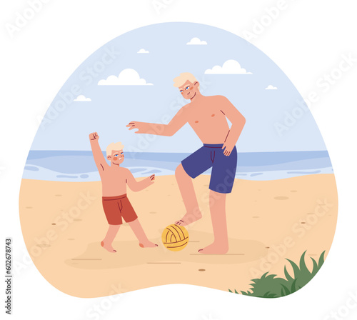 Characters in a swimming shorts spending time on the beach. Father