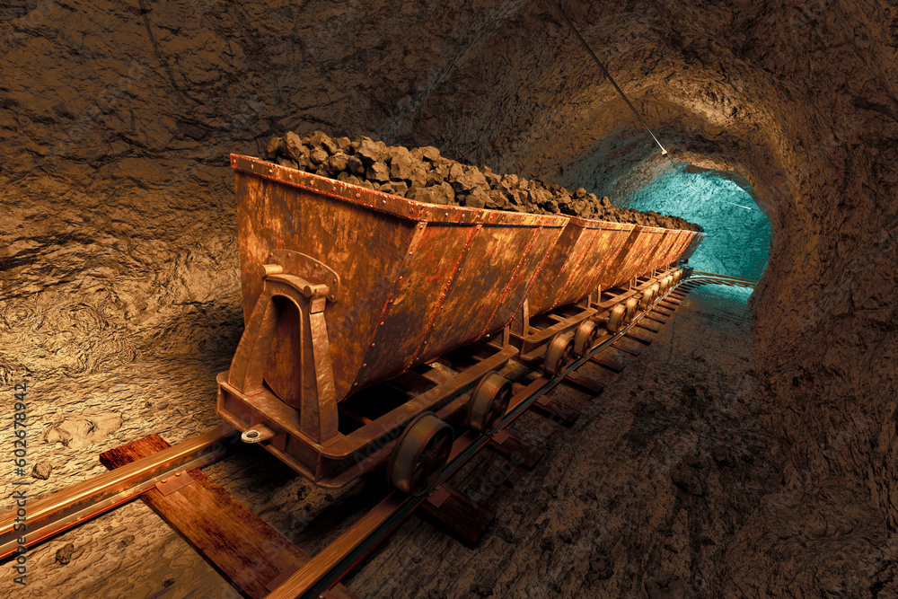 Coal mine carts or wagons slowly moving through narrow underground tunnel.