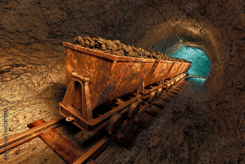 Obraz na płótnie Coal mine carts or wagons slowly moving through narrow underground tunnel. w salonie