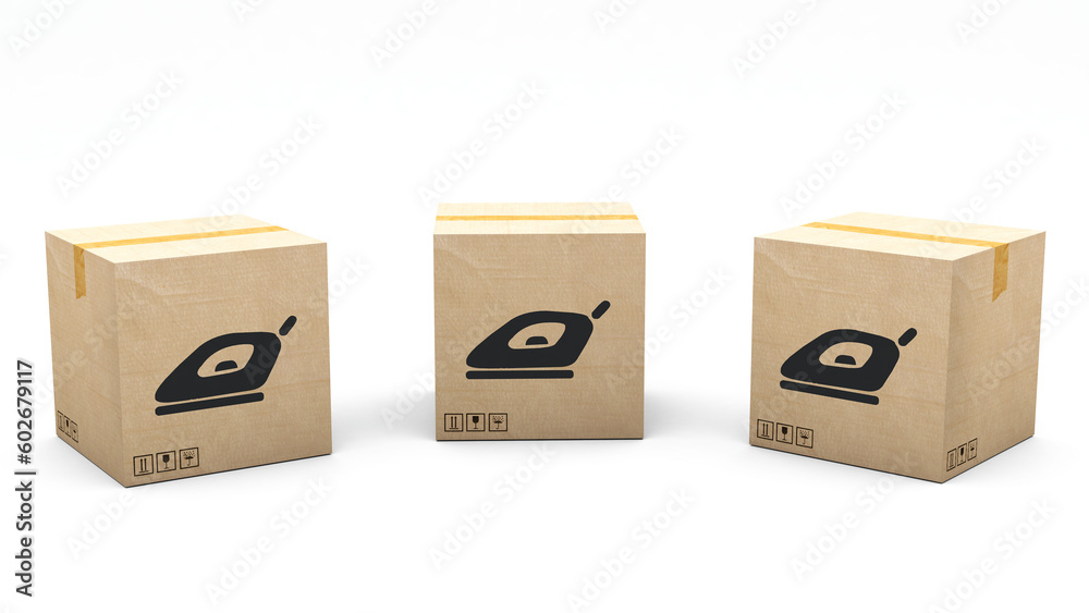Kraft box stamped with an icon of a product: iron. Cardboard package made in 3D and rendered in 3 different angles: front, left side, right side. Easy clipping. Kraft box stamped with an icon of a product: iron. Cardboard package made in 3D and rendered in 3 different angles: front, left side, right side. Easy clipping.