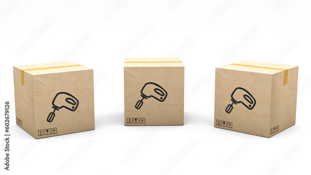 Kraft box stamped with an icon of a product: mixer. Cardboard package made in 3D and rendered in 3 different angles: front, left side, right side. Easy clipping. Kraft box stamped with an icon of a product: mixer. Cardboard package made in 3D and rendered in 3 different angles: front, left side, right side. Easy clipping.