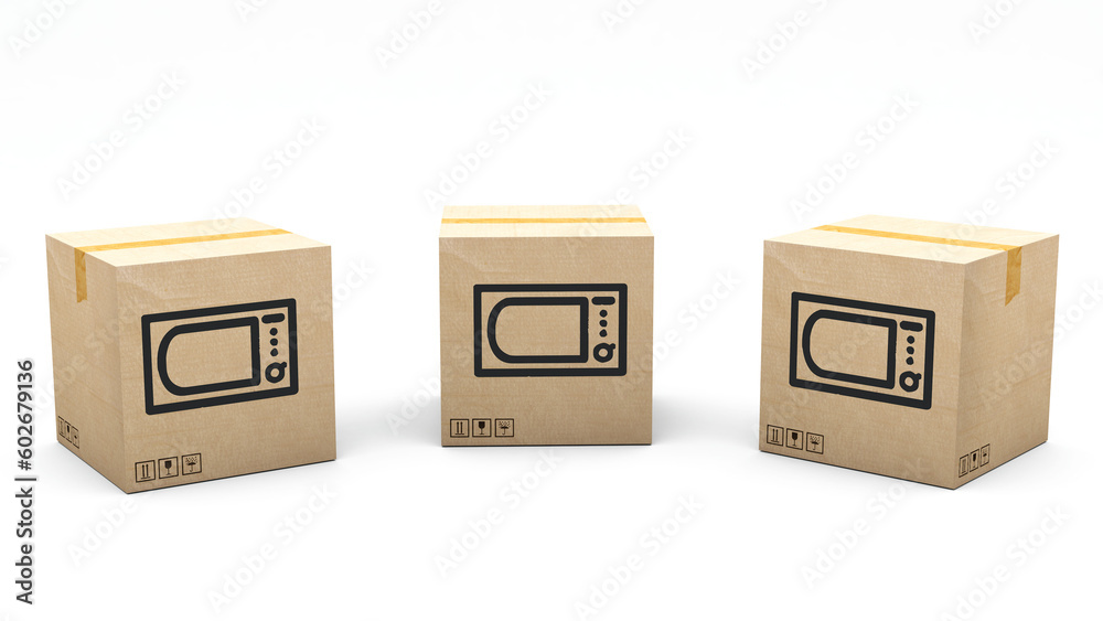 Kraft box stamped with an icon of a product: microwave. Cardboard package made in 3D and rendered in 3 different angles: front, left side, right side. Easy clipping. Kraft box stamped with an icon of a product: microwave. Cardboard package made in 3D and rendered in 3 different angles: front, left side, right side. Easy clipping.