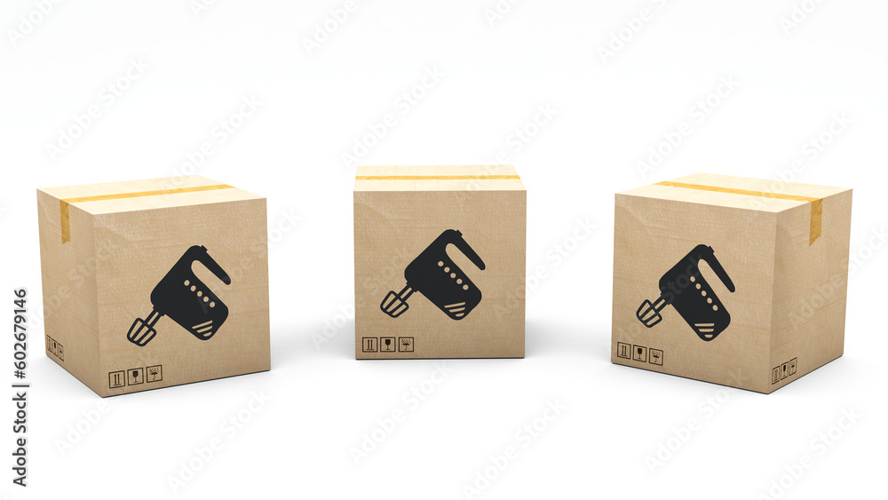 Kraft box stamped with an icon of a product: mixer. Cardboard package made in 3D and rendered in 3 different angles: front, left side, right side. Easy clipping. Kraft box stamped with an icon of a product: mixer. Cardboard package made in 3D and rendered in 3 different angles: front, left side, right side. Easy clipping.