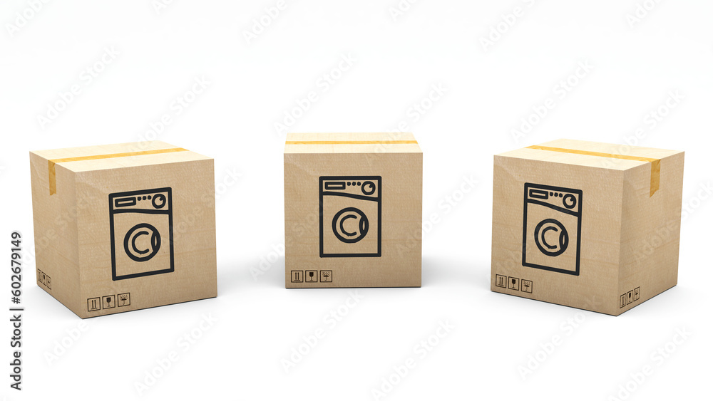 Kraft box stamped with an icon of a product: washing machine. Cardboard package made in 3D and rendered in 3 different angles: front, left side, right side. Easy clipping. Kraft box stamped with an icon of a product: washing machine. Cardboard package made in 3D and rendered in 3 different angles: front, left side, right side. Easy clipping.