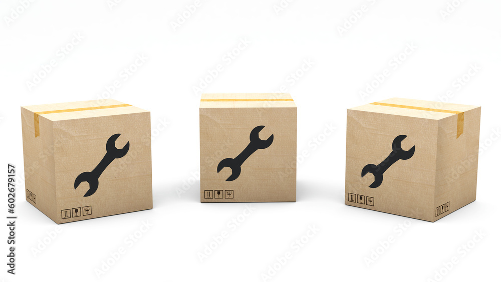 Obraz premium Kraft box stamped with an icon: tool. Cardboard package made in 3D and rendered in 3 different angles: front, left side, right side. Easy clipping.