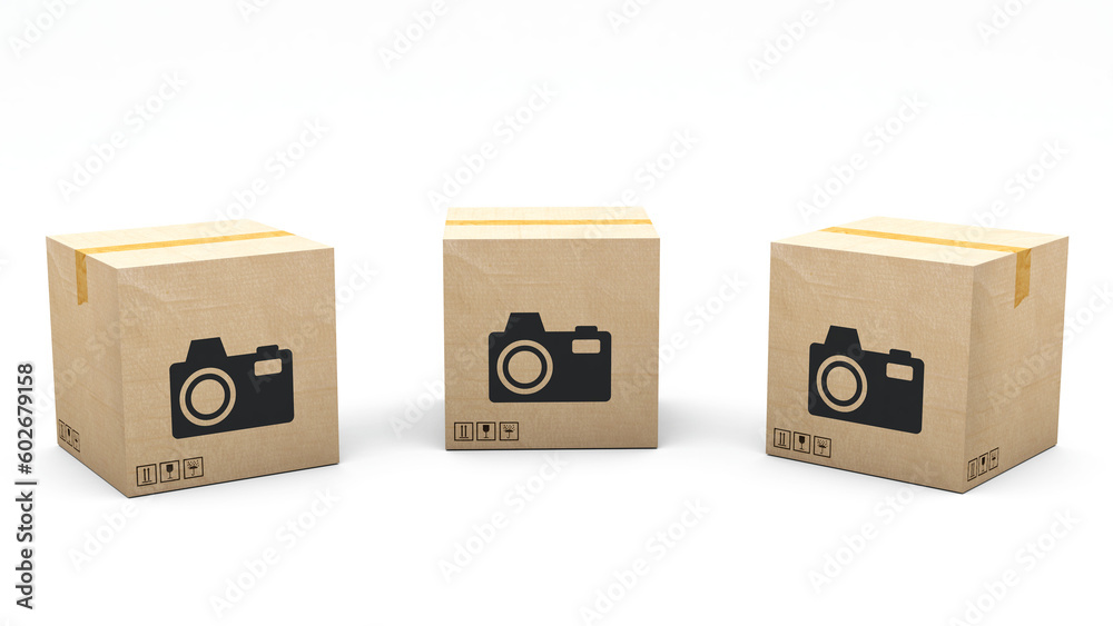 Fototapeta premium Kraft box stamped with an icon: camera. Cardboard package made in 3D and rendered in 3 different angles: front, left side, right side. Easy clipping.