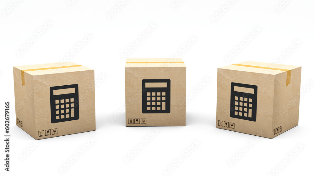 Kraft box stamped with an icon: calculator. Cardboard package made in 3D and rendered in 3 different angles: front, left side, right side. Easy clipping. Kraft box stamped with an icon: calculator. Cardboard package made in 3D and rendered in 3 different angles: front, left side, right side. Easy clipping.