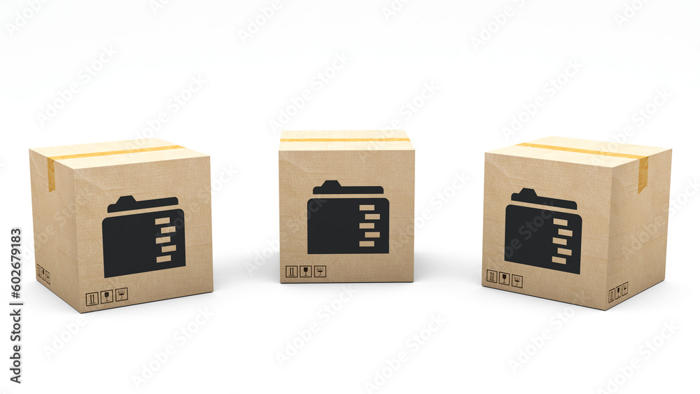 Kraft box stamped with an icon: documents, file. Cardboard package made in 3D and rendered in 3 different angles: front, left side, right side. Easy clipping. Kraft box stamped with an icon: documents, file. Cardboard package made in 3D and rendered in 3 different angles: front, left side, right side. Easy clipping.