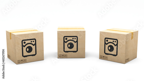 Kraft box stamped with an icon of a product: washing machine. Cardboard package made in 3D and rendered in 3 different angles: front, left side, right side. Easy clipping. photo