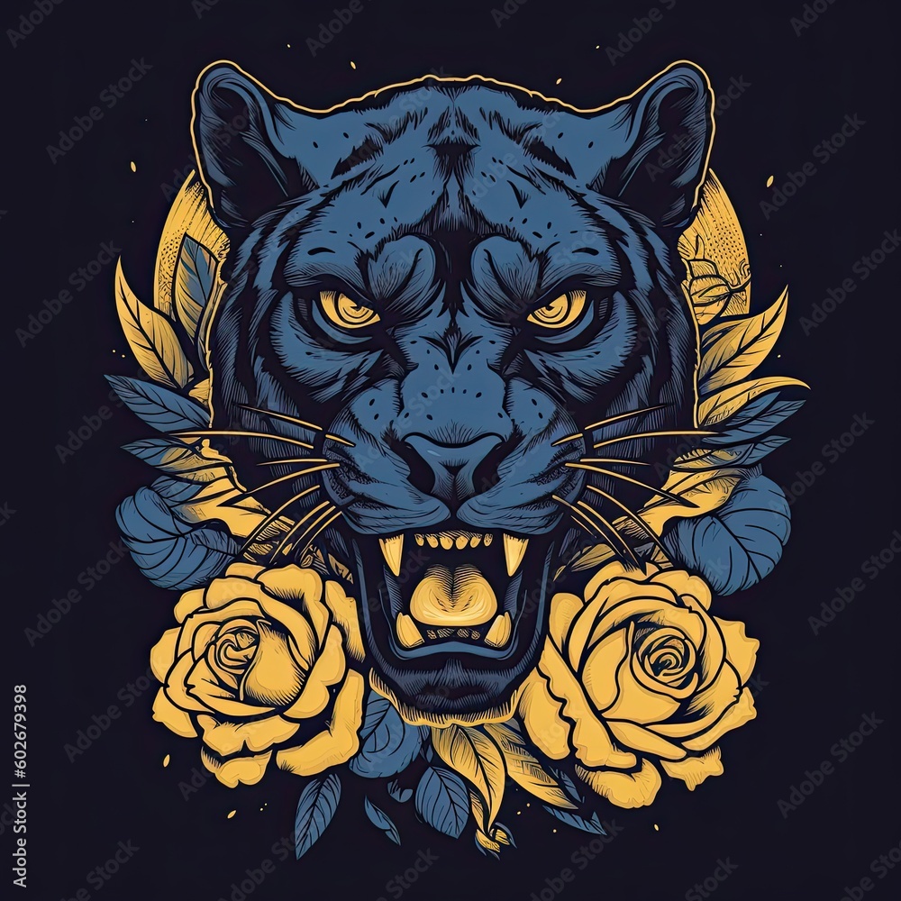 Black panther head with rose and flower, in the style of vintage comic. Generative AI Black panther head with rose and flower, in the style of vintage comic. Generative AI