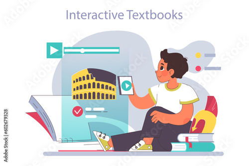 Interactive textbooks for children education. Little school boy