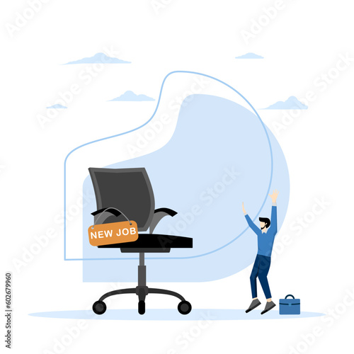 New job offer or new career opportunity, promoted to new position or hiring staff for vacancy, employment and hiring concept, cheerful businessman with his new job office chair.