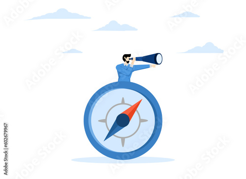 leadership or visionary concept, Direction or opportunity business compass guide, make decision for business direction, find investment opportunity, businessman with binoculars and compass.