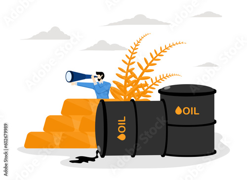 vision concept of precious crude oil and gold, world economy forecast, commodity prices for trade and investment, rice farming, businessman trader looking through binoculars from commodity assets.