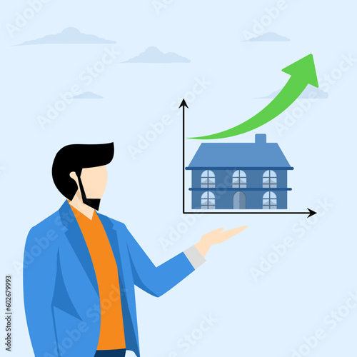 Home and property investment, concept of buying or renting a home decision, real estate price growth or calculation chart, smart real estate entrepreneur skills presenting home price chart.
