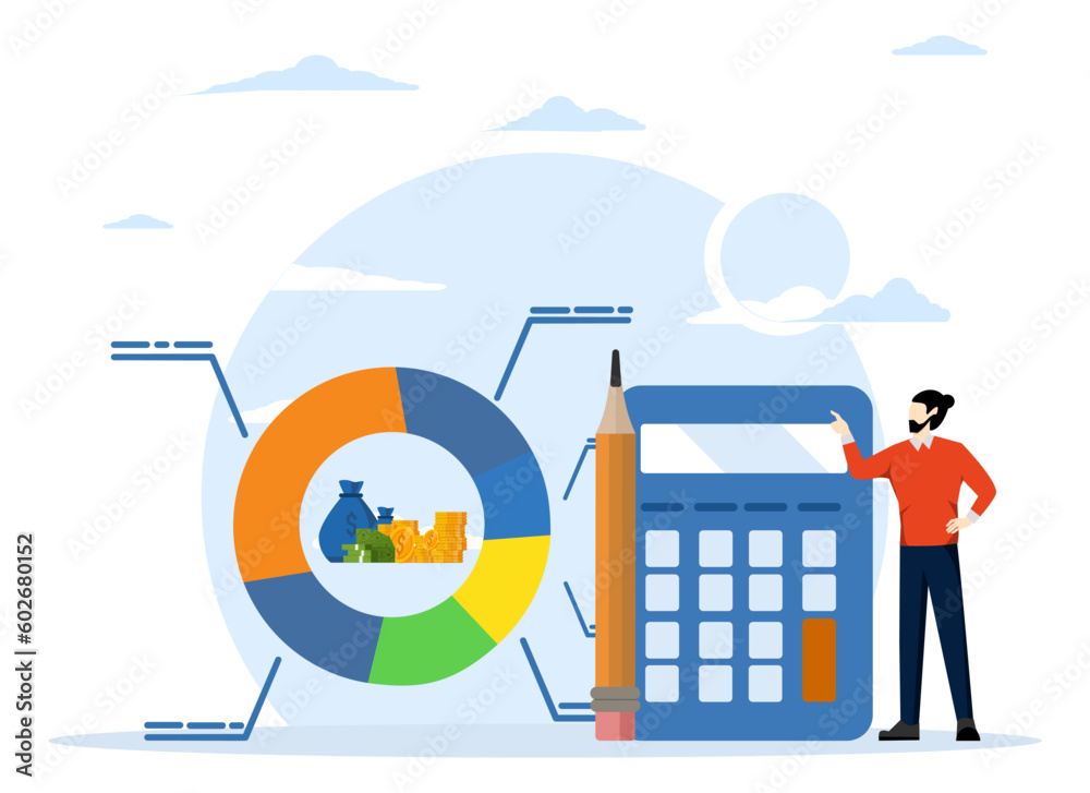 Cost structure, budget or savings concept, debt and investment analysis, cost and income balance calculation, income, money management, businessman with calculator with pie chart of cost structure. - obrazy, fototapety, plakaty 