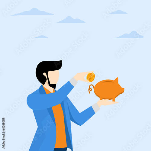 Saving money, saving money for future or wealth and deposit concept, generating growth, investment or financial gain, businessman investor putting dollar coin in piggy bank.