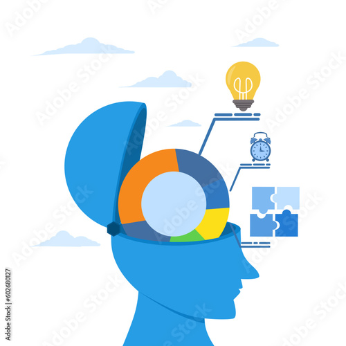 intelligence, knowledge or aptitude test, cognitive skills ability to think and process solutions or ideas to solve problems, human head brain with pie chart of ideas, solutions and time.