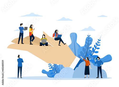 palms holding people, employee care concept, welfare at work or at work, benefits for staff, support for professional growth, flat vector illustration on a white background