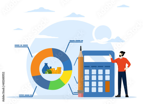 Fotografiet Cost structure, budget or savings concept, debt and investment analysis, cost and income balance calculation, income, money management, businessman with calculator with pie chart of cost structure