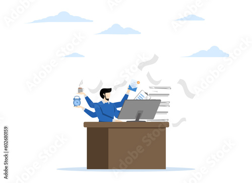 Workaholic, overworked, lots of documents concept, businessman busy multitasking or tired and tired from overwork, workaholic businessman working hard at his office desk with work papers.