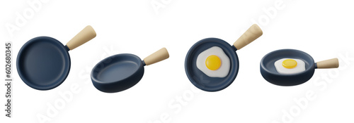 Photo Set of frying pan with scrambled eggs and empty 3D style
