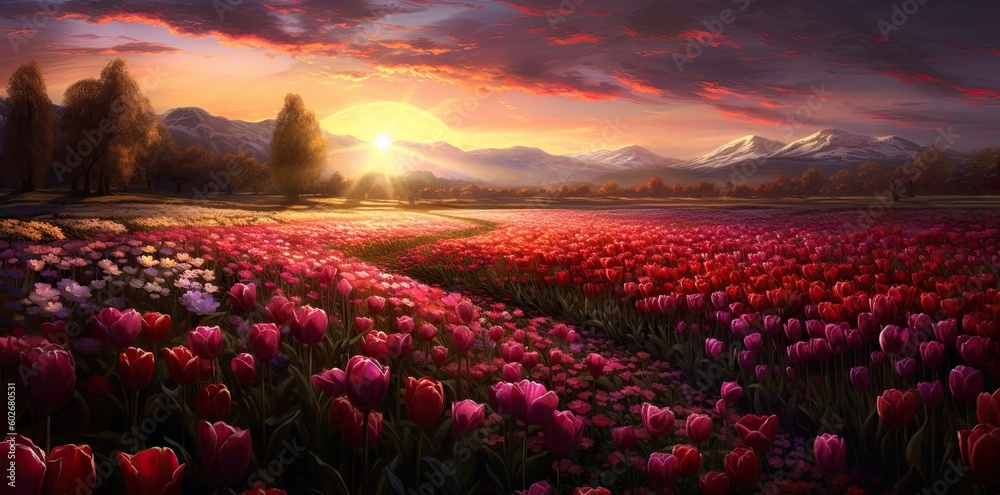 Tulip colorful garden landscape with bright sky romantic sunset AI Generated