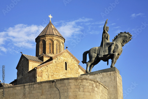 Assumption church and King Vakhtang Gorgasali statue in Metekhi. Tbilisi. Georgia