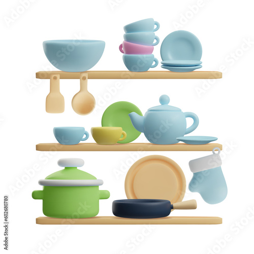 Shelves with kitchenware, 3d render - vector illustration isolated on white background.