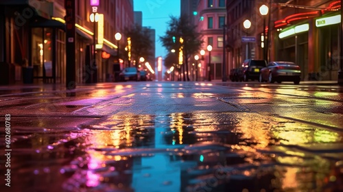 Vibrant and cobblestone street at night after rain with reflection of lights. Generative AI © piai
