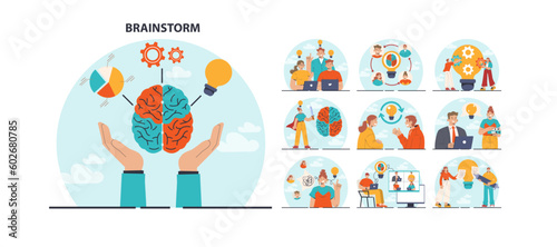 Brainstorm set. New idea generation in teamwork discussion. Creative character