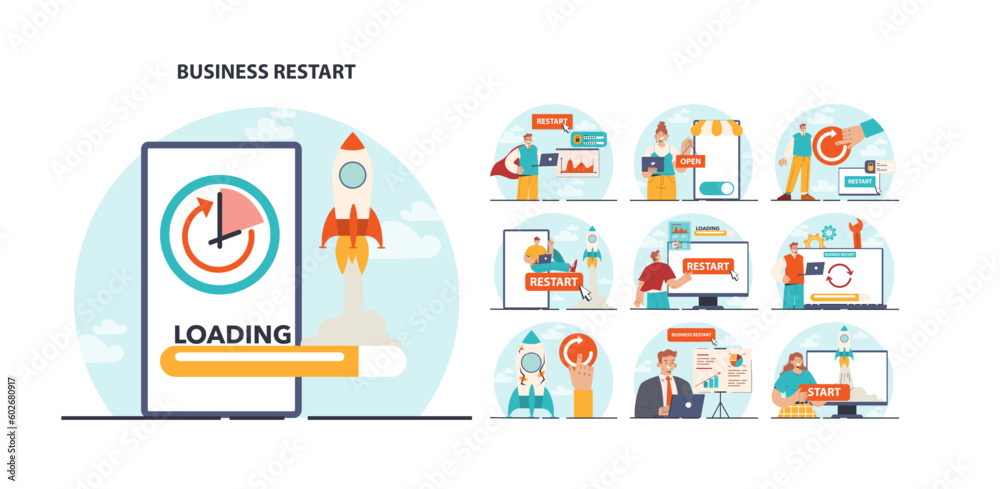 Business restart set. Company reopening or project reboot. New chance