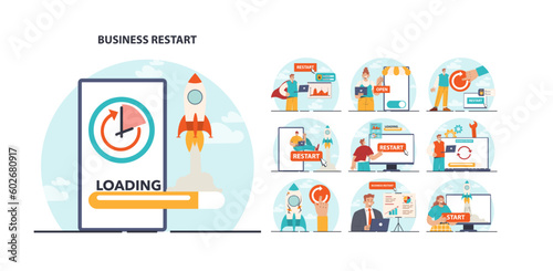 Business restart set. Company reopening or project reboot. New chance