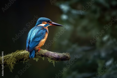 Small bird perched on a branch, blue color feathers, on a dark blurry natural background