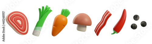 Various food set in cute 3d style, vector illustration isolated on white background.