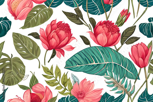 summer-themed patterns with a botanical twist  featuring palm leaves  flowers  in soft pastel shades