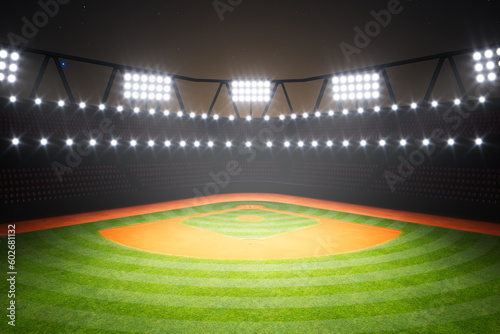 Empty baseball stadium during the night. Grass and orange dirt in the spotlight