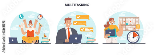 Multitasking concept set. Effective and competent office worker managing