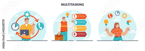 Multitasking concept set. Effective and competent office worker managing