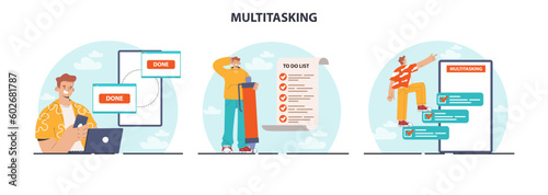 Multitasking concept set. Effective and competent office worker managing