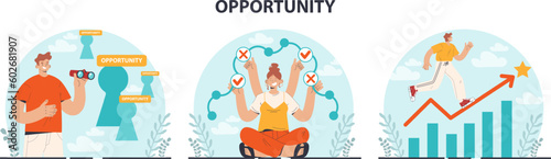 New opportunity set. New business ideas or decisions. Character looking