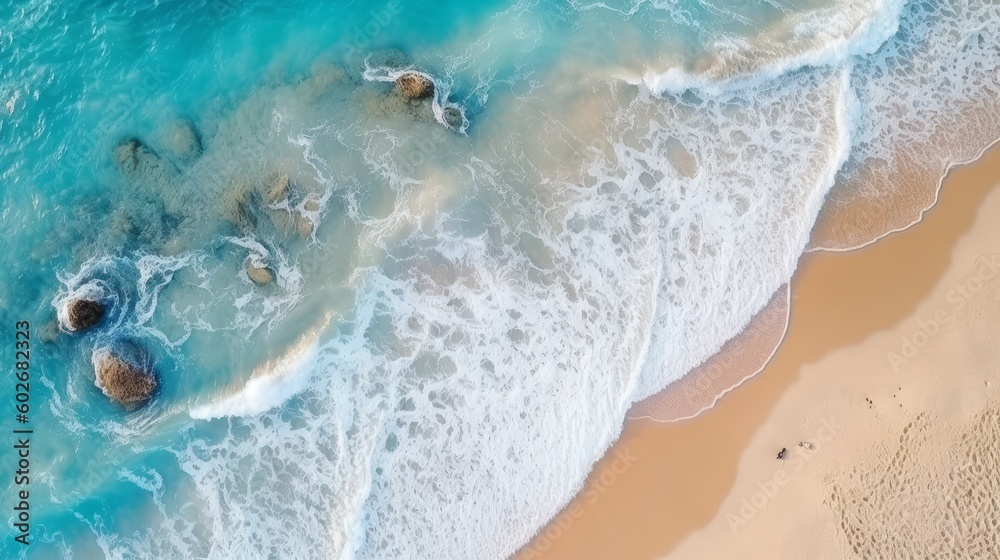 Aerial View of Ocean Waves on Beach - Summer Vacation Background. Generative AI.