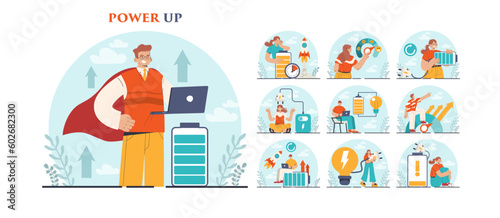 Power up concept set. Energetic character with enthusiasm. Vital energy