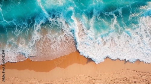 Aerial View of Ocean Waves on Beach - Summer Vacation Background. Generative AI.