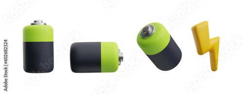 Set of black green batteries and lightning signs 3D style, vector illustration